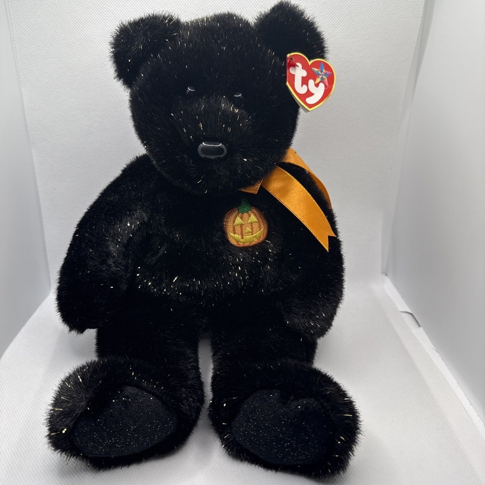 TY Beanie Buddy Haunt 14" Black & Gold Halloween Bear Retired Creased Tag 2002
